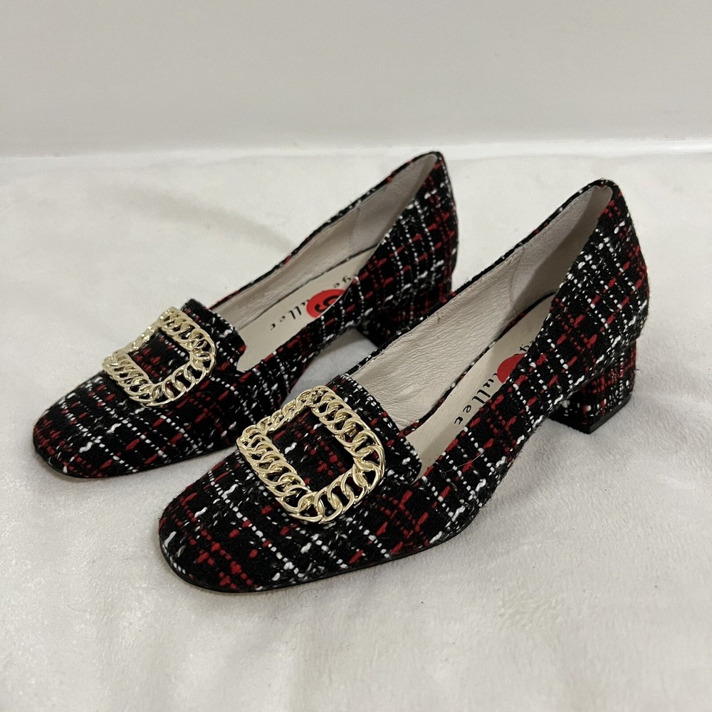 Bettye Muller Tweed Shoes Size 6 Red and Black Preppy Shoes Coquette Chain Block